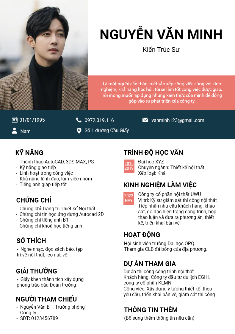 Bộ sưu tập mẫu CV online Kiến Trúc Nội Thất đẹp, tạo và tải miễn phí